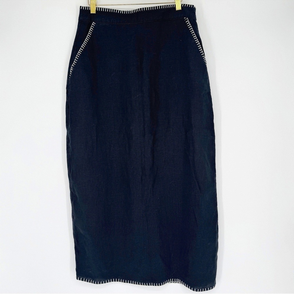 Rachel Zoe Flax Linen Midi Skirt 6 Black Blanket Stitch‎ Minimalist Quiet Luxury